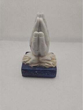 Vintage Ceramic Praying Hands Figurine on Blue Holy Bible Base - Religious Decor